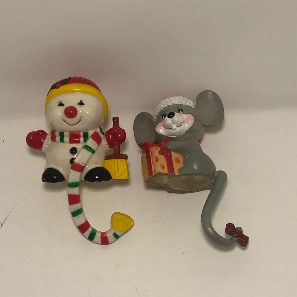 Festive Snowman and Mouse Stocking Hanger Lot of 2